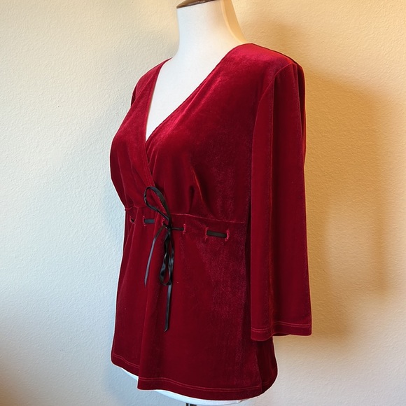 Red Velour Velvet Faux Wrap Top - Picture 2 of 5